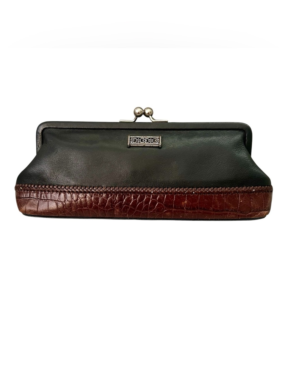 Vintage Brighton Black Leather Clutch Brown Braid Leather Croc Kiss-Lock Closure